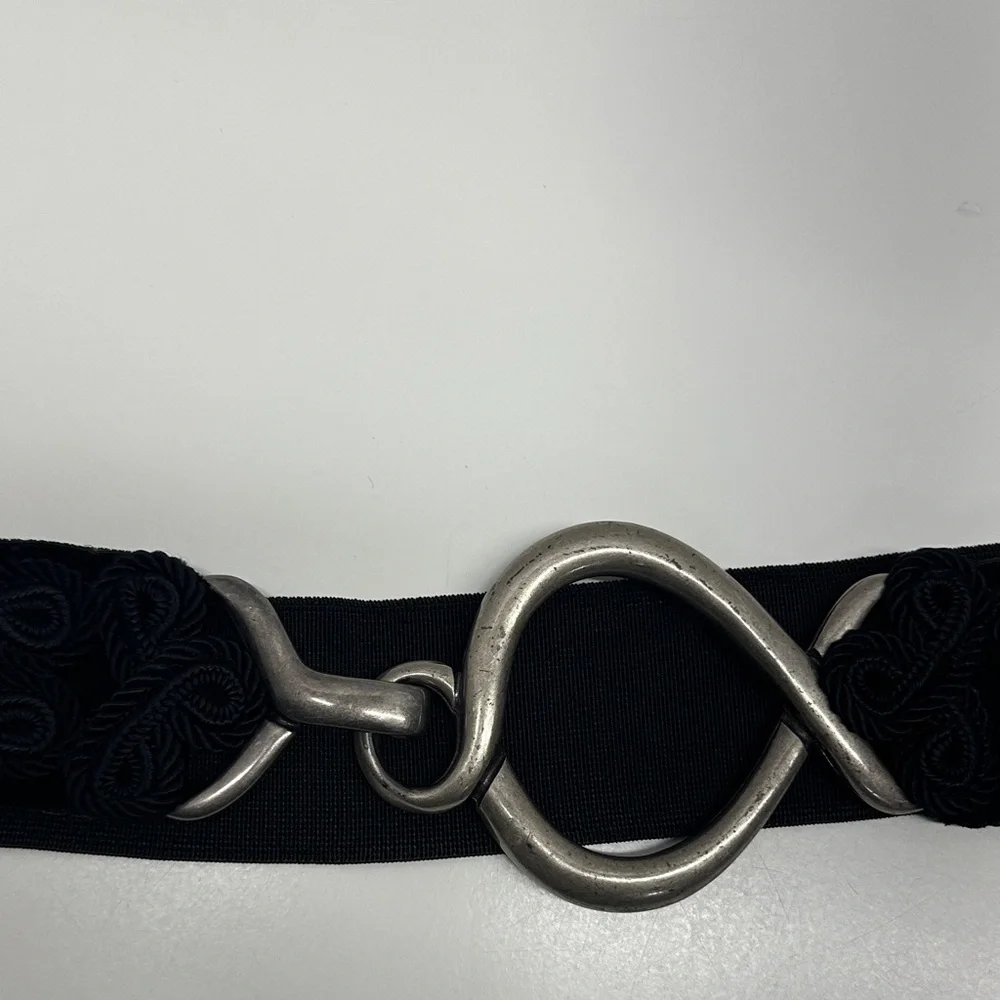 Suzi Roher Belt Velvet Velour Corded Stretch Metal Buckle Silver Black Large